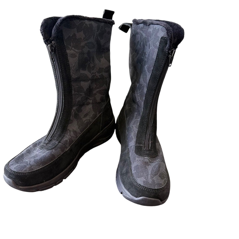Lands End Women Black Floral Suede Front Zip All Weather Winter Boots Size 8